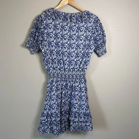Sundays Blue Butterfly Pattern V-Neck Smocked Mini Dress Size Small